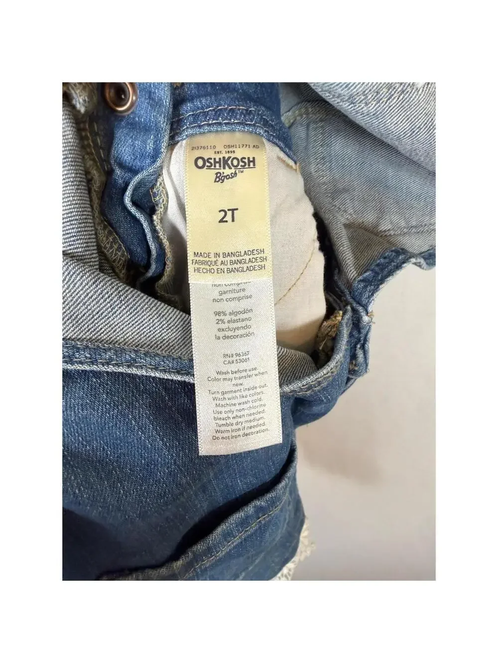 OshKosh B'gosh Girls Denim Shortalls Blue Overall Shorts Lace Trim Size 2T